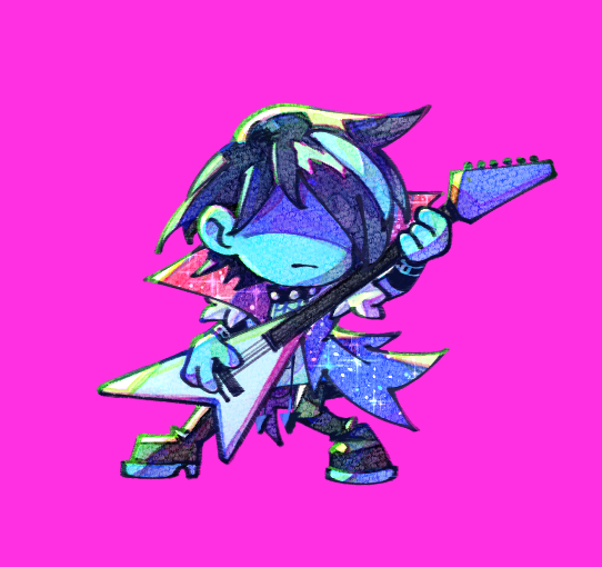 1other, blue_skin, chibi, chibi_only, colored_skin, commentary, deltarune, electric_guitar, english_commentary, guitar, holding, instrument, jumpingwjoy, kris_(dark_world)_(deltarune), kris_(deltarune), kris_(lightners_live)_(deltarune), music, playing_guitar, playing_instrument, sparkling_clothes, standing