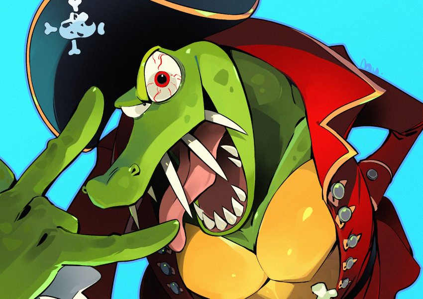 1boy, black_hat, blue_background, colored_skin, donkey_kong_(series), furry, furry_male, green_skin, hat, highres, jacket, king_k._rool, looking_at_viewer, mu_(mu_963), open_clothes, open_jacket, open_mouth, pirate_hat, red_eyes, red_jacket, sharp_teeth, solo, teeth, tongue, tongue_out