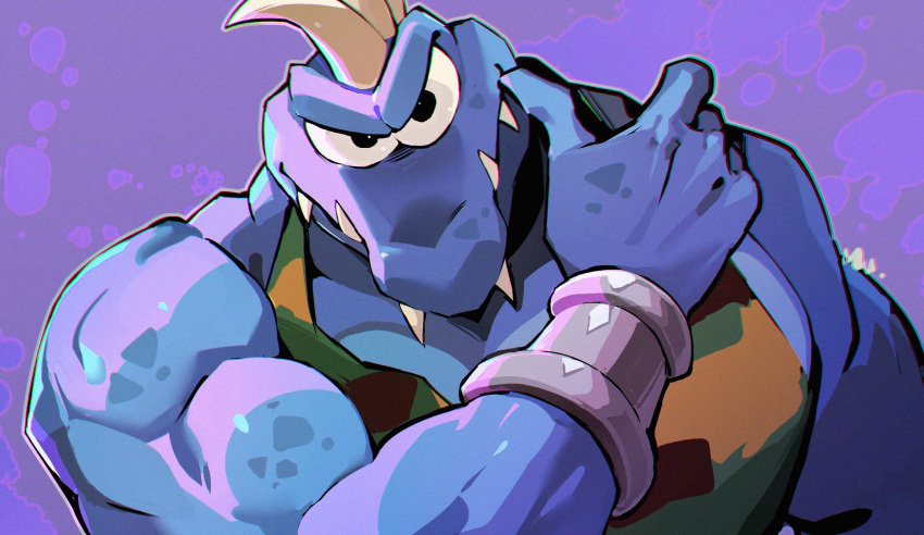 1boy, blue_skin, camouflage_tank_top, colored_skin, donkey_kong_(series), furry, furry_male, highres, krusha, looking_at_viewer, mu_(mu_963), muscular, muscular_male, purple_background, reptile_boy, sharp_teeth, solo, teeth, upper_body