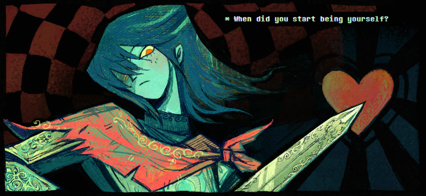 1other, armor, blue_hair, blue_skin, cape, colored_skin, deltarune, featherspiral, floating_hair, freckles, knight, kris_(dark_world)_(deltarune), kris_(deltarune), medium_hair, red_eyes, sword, utdr_(toby_fox), weapon