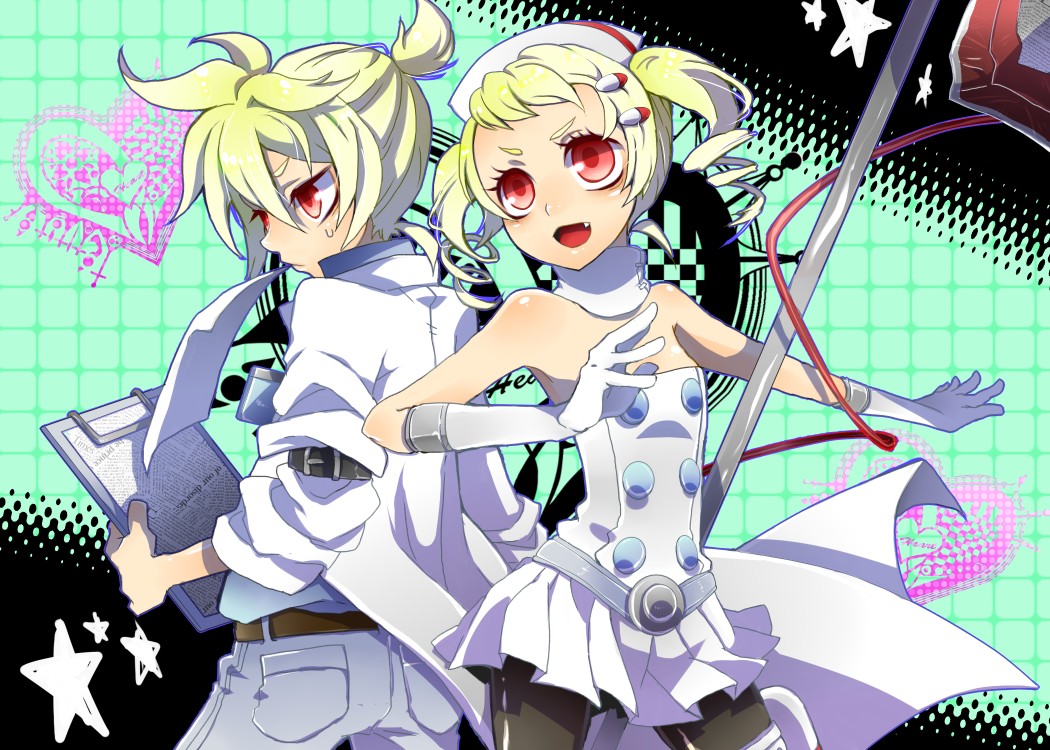 1boy, 1girl, bare_shoulders, blonde_hair, blush, bow, breasts, brother_and_sister
