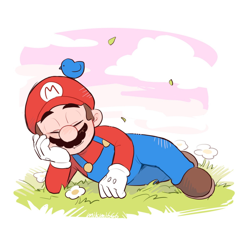 1boy, bird, blue_bird, blue_overalls, boots, brown_boots, brown_hair, closed_eyes