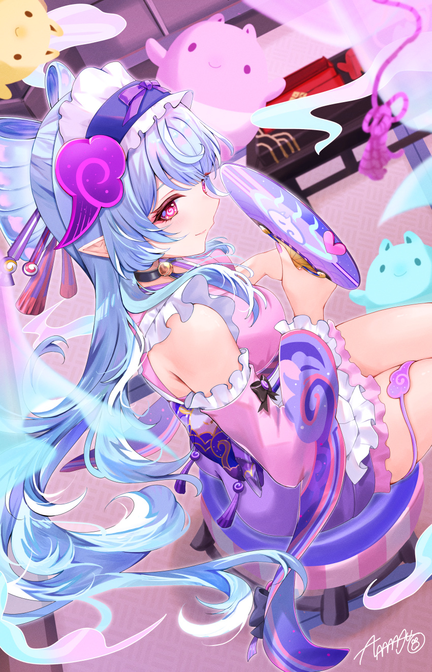 1girl, absurdres, almanju, aqua_hair, bell, choker, detached_sleeves, fingernails