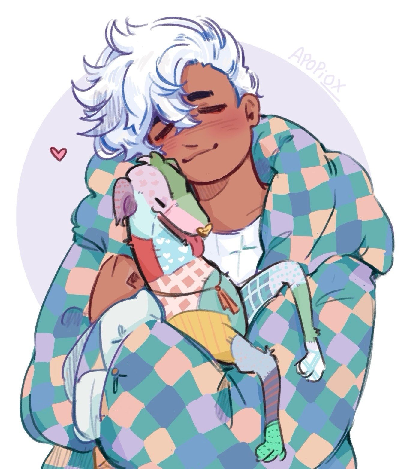 1boy, :3, animal_hug, apopiox, artist_name, baggy_clothes, blush, closed_eyes