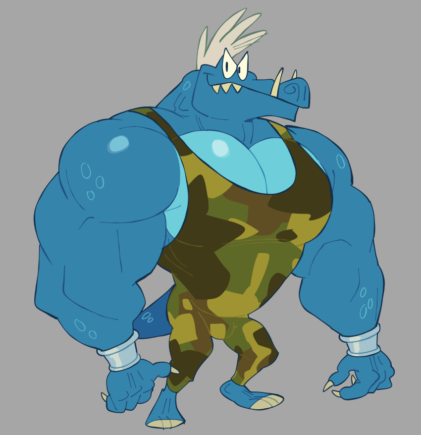 1boy, bodysuit, camouflage, camouflage_bodysuit, donkey_kong_(series), full_body, furry, furry_male, grey_background, highres, krusha, looking_at_viewer, muscular, muscular_male, reptile_boy, sharp_teeth, simple_background, sleeveless, sleeveless_bodysuit, solo, standing, starjeti, teeth, toon_(style)