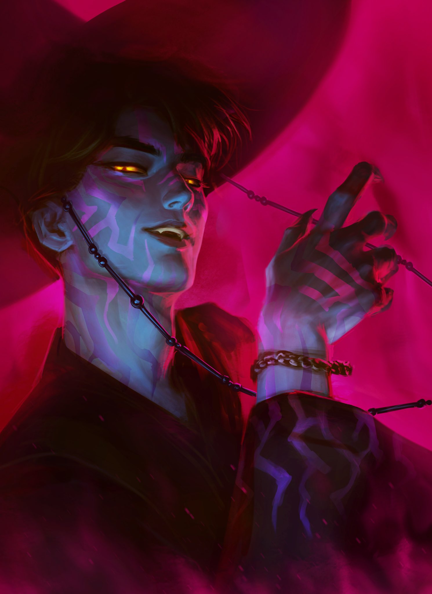 1boy, adam's_apple, black_hair, black_hanbok, body_markings, bracelet, demon_boy, evil_smile