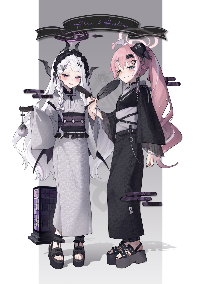 2girls, ahoge, alternate_costume, black_gloves, black_hairband, black_halo, black_horns, black_kimono, black_nails, black_sandals, blue_archive, blue_eyes, blush, character_name, commentary, fingernails, frilled_hairband, frills, full_body, gloves, grey_kimono, grey_sash, hairband, halo, hand_up, hands_up, heterochromia, highres, hina_(blue_archive), horns, hoshino_(blue_archive), japanese_clothes, jewelry, kimono, long_hair, looking_at_viewer, multiple_girls, nail_polish, obi, oninaart, parted_bangs, parted_lips, pink_hair, purple_sash, ring, sandals, sash, standing, toenail_polish, toenails, very_long_hair, violet_eyes, white_hair, yellow_eyes