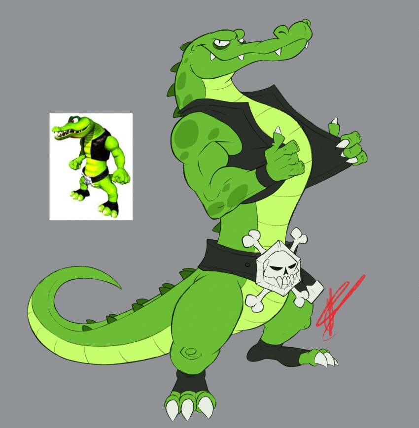 1boy, black_vest, claws, colored_skin, donkey_kong_(series), donkey_kong_64, green_skin, grey_background