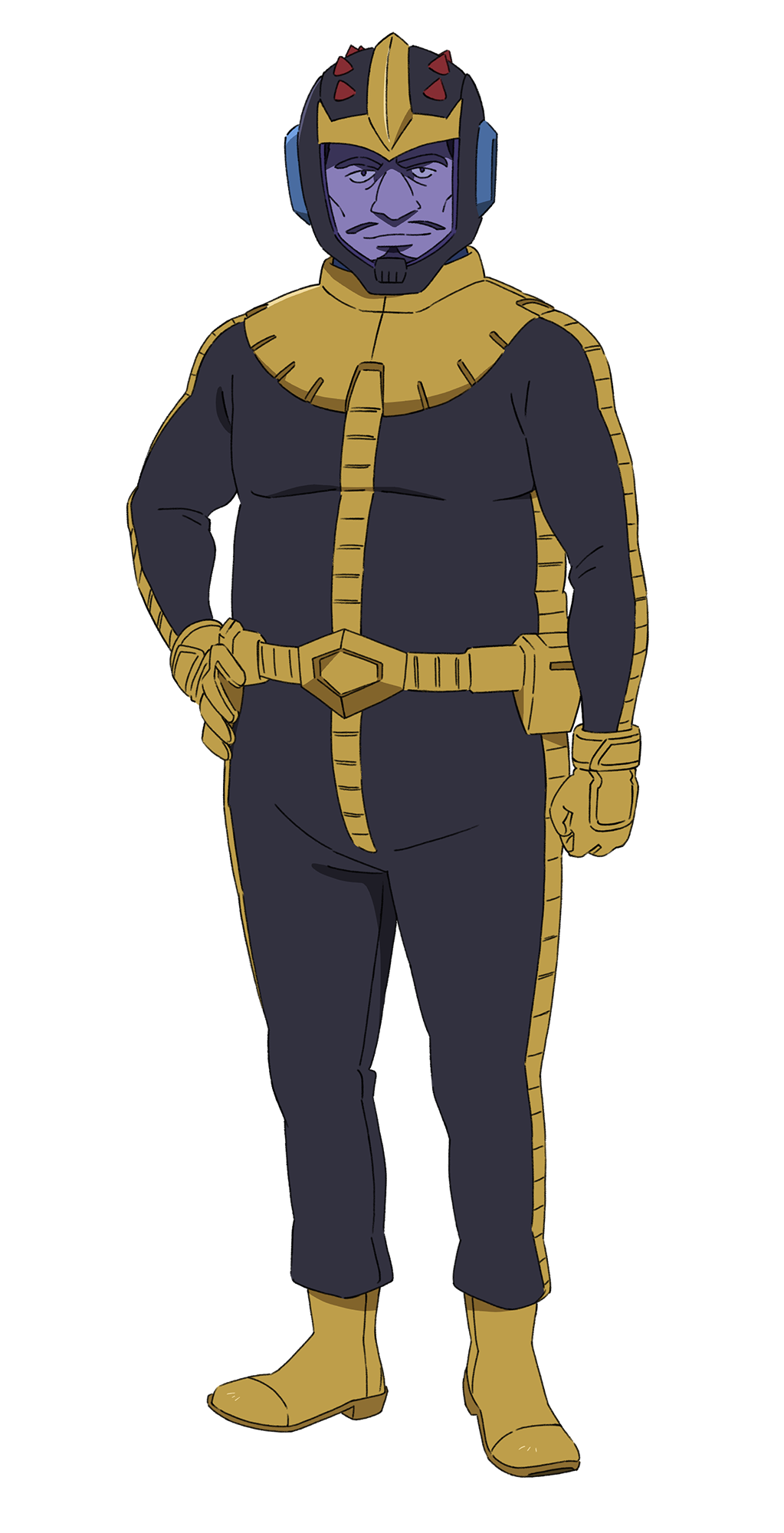 1boy, belt, black_bodysuit, bodysuit, boots, facial_hair, fat, full_body