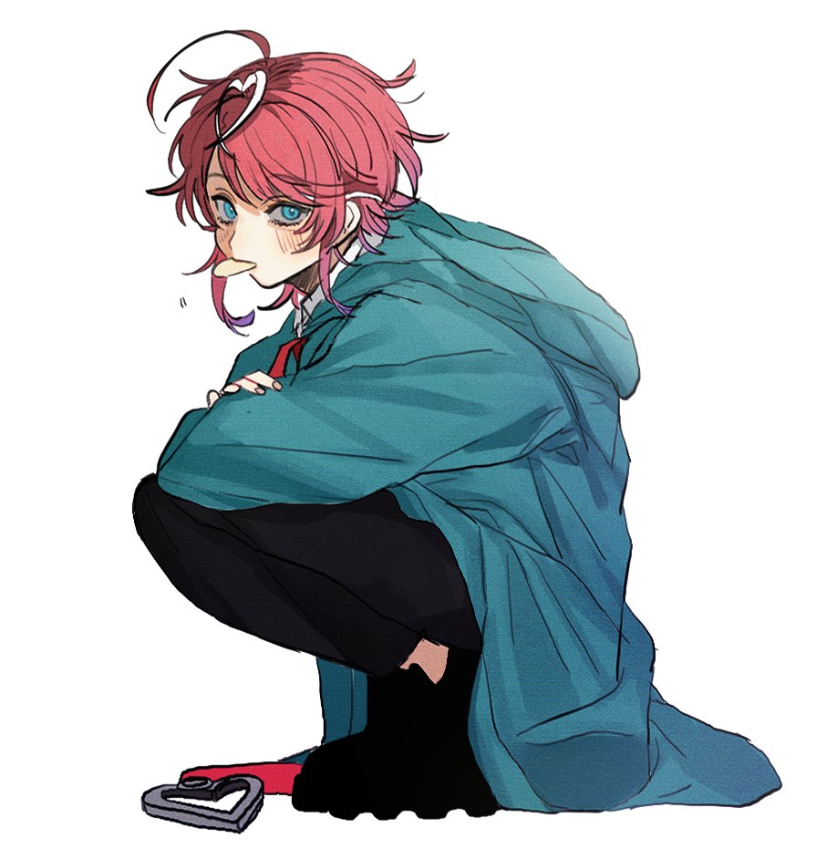 1boy, ahoge, amemura_ramuda, antenna_hair, arms_on_knees, blue_coat, blue_eyes, blues