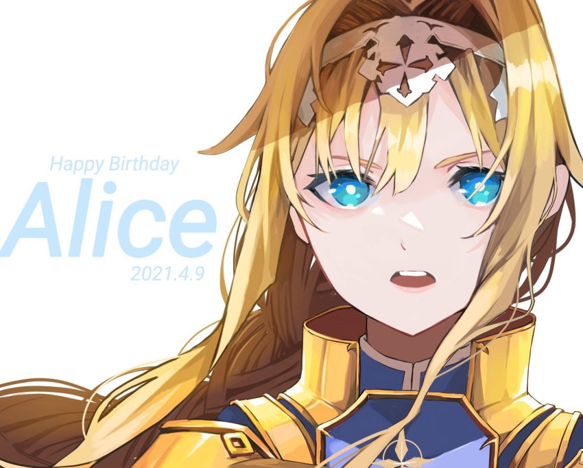 1girl, 2021, alice_zuberg, blonde_hair, blue_eyes, blue_shirt, braid, braided_ponytail