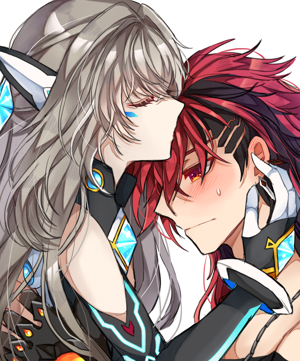 1boy, 1girl, black_bodysuit, blue_gemstone, blush, bodysuit, closed_eyes, code:_sariel_(elsword)