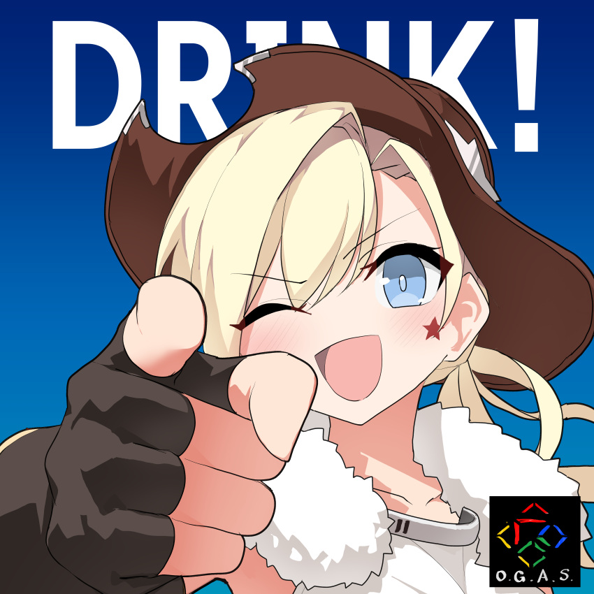 1girl, absurdres, black_gloves, blonde_hair, blue_eyes, collarbone, colt_revolver_(girls'_frontline), cowboy_hat