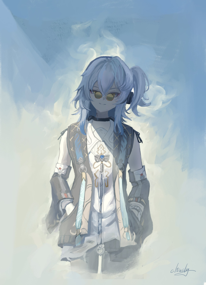 1girl, absurdres, black_jacket, blue_hair, buling_(wuthering_waves), chucky_(chucky1000sun), commentary, detached_sleeves