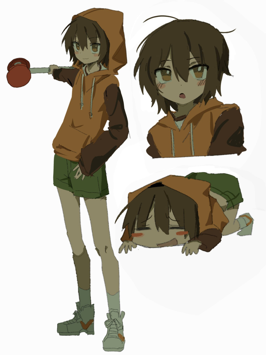 1boy, blush, brown_eyes, brown_hair, closed_mouth, debakshotgun0, green_shorts, gwak_jun-hyeong
