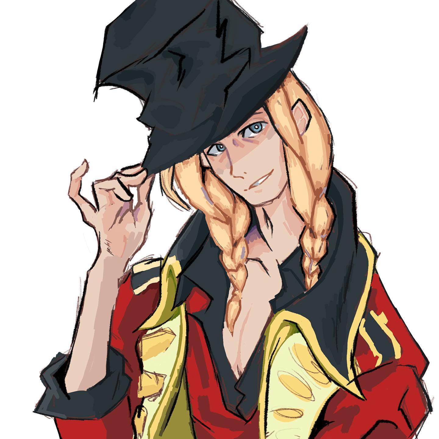 1boy, adjusting_clothes, adjusting_headwear, black_hat, blonde_hair, blue_eyes, braid, bright_pupils