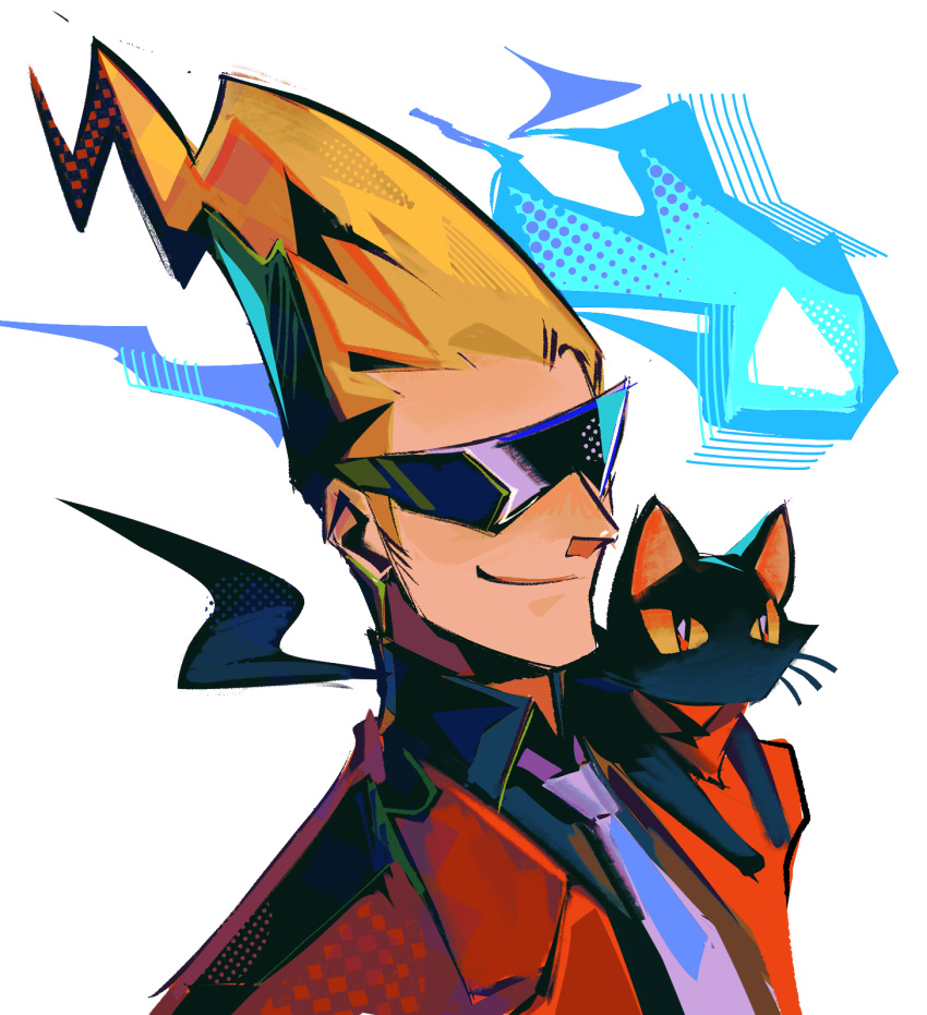 1boy, animal_on_shoulder, black_cat, blonde_hair, cat, cat_on_shoulder, colored_sclera, ghost_trick