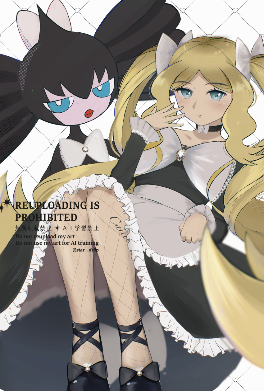 1girl, absurdres, alternate_costume, alternate_hairstyle, argyle_background, black_choker, black_dress, blonde_hair