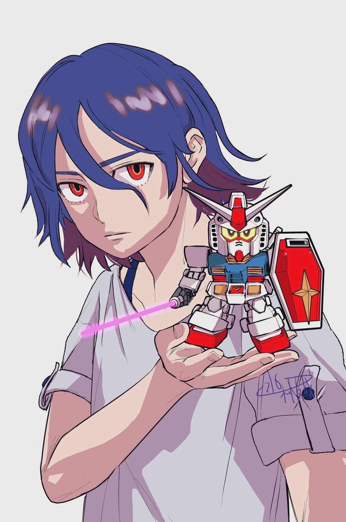 1boy, blue_hair, colored_inner_hair, energy_sword, gundam, gundam_gquuuuuux, gunpla, highres