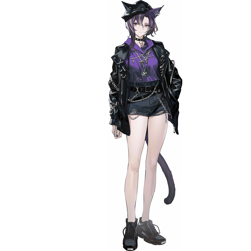 1girl, animal_ears, arknights, baird_(arknights), bare_legs, belt, black_jacket, black_shorts, cat_ears, cat_tail, cenm0, choker, ears_through_headwear, hat, jacket, multicolored_hair, official_art, open_clothes, pink_eyes, purple_shirt, shirt, shoes, short_shorts, shorts, solo, streaked_hair, tail, violet_eyes