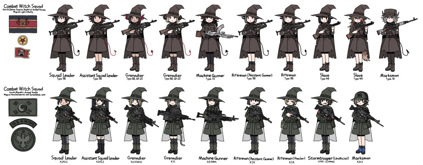 6+girls, absurdres, assault_rifle, black_gloves, black_hair, black_pantyhose, black_socks, black_thighhighs