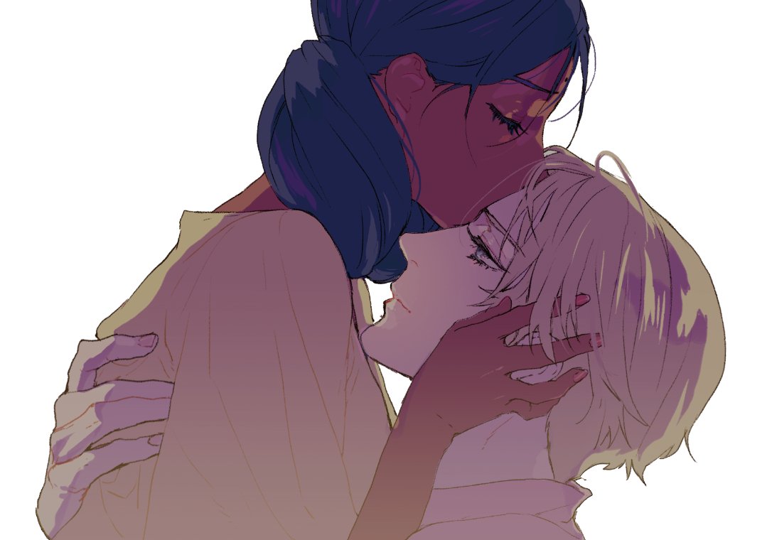 1boy, 1girl, black_hair, blonde_hair, blue_eyes, char_aznable, closed_eyes, dark-skinned_female, dark_skin, double_bun, gundam, gundam_gquuuuuux, hair_bun, hetero, kiss, kissing_forehead, lalah_sune, npn, profile, shirouzu_(gundam), short_hair, simple_background, smile, white_background