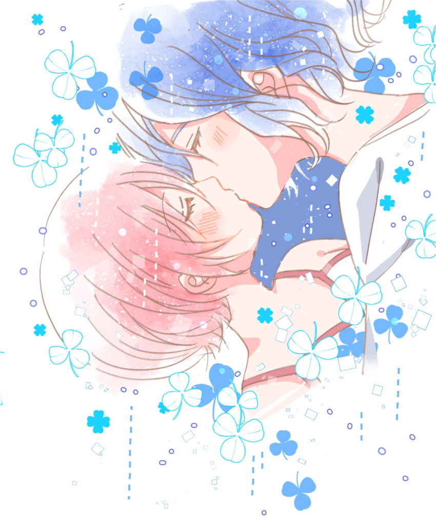 1boy, 1girl, amate_yuzuriha, blue_hair, blush, closed_eyes, clover, commentary, four-leaf_clover, gundam, gundam_gquuuuuux, hetero, highres, kiss, miz_iros, red_hair, short_hair, shuji_ito