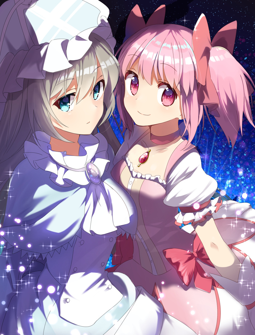 2girls, absurdres, amulet, blue_eyes, bow, chabashira_(otya), dress, hair_bow