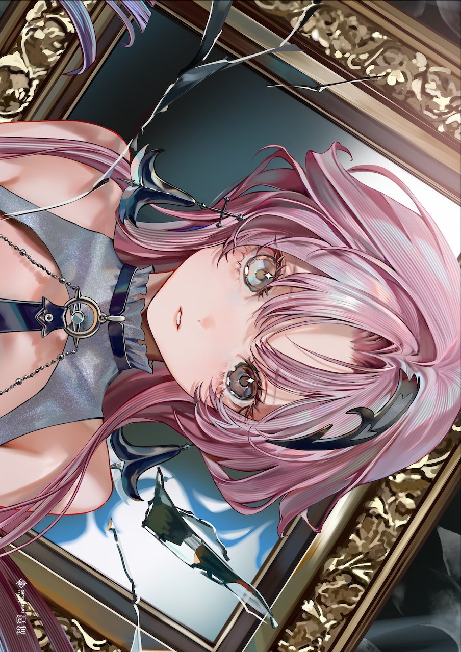 1girl, bare_shoulders, bema_(sinsekai), brown_eyes, character_name, close-up, commentary_request, copyright_name, earrings, grey_eyes, hair_ornament, heterochromia, highres, jewelry, kamitsubaki_studio, long_hair, looking_at_viewer, official_art, parted_bangs, parted_lips, picture_frame, pink_hair, second-party_source, sideways, sinsekai_record, solo, tnpp_coc, upper_body, virtual_youtuber