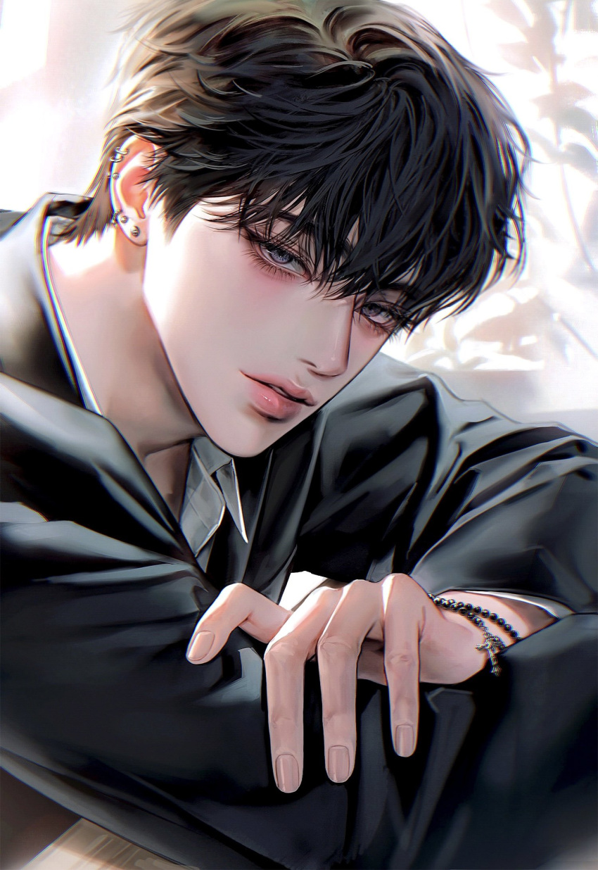 1boy, aegyo_sal, black_hair, black_jacket, black_suit, blush, bracelet, ear_piercing
