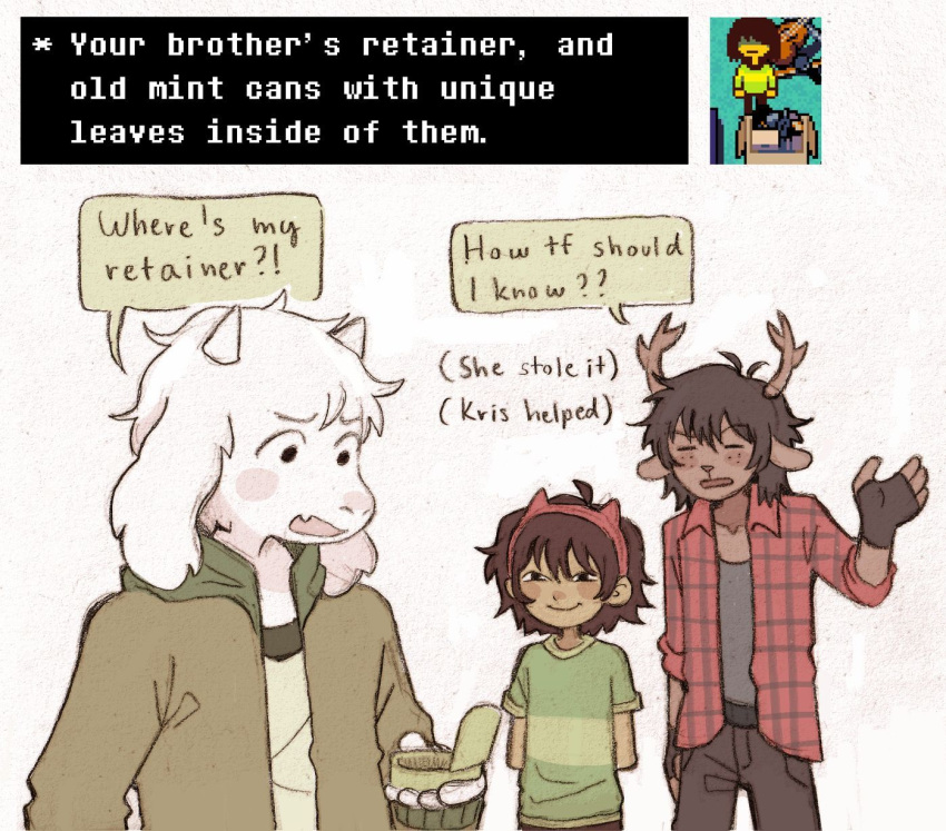 1boy, 1girl, 1other, animal_ears, antlers, asriel_dreemurr, brown_hair, child