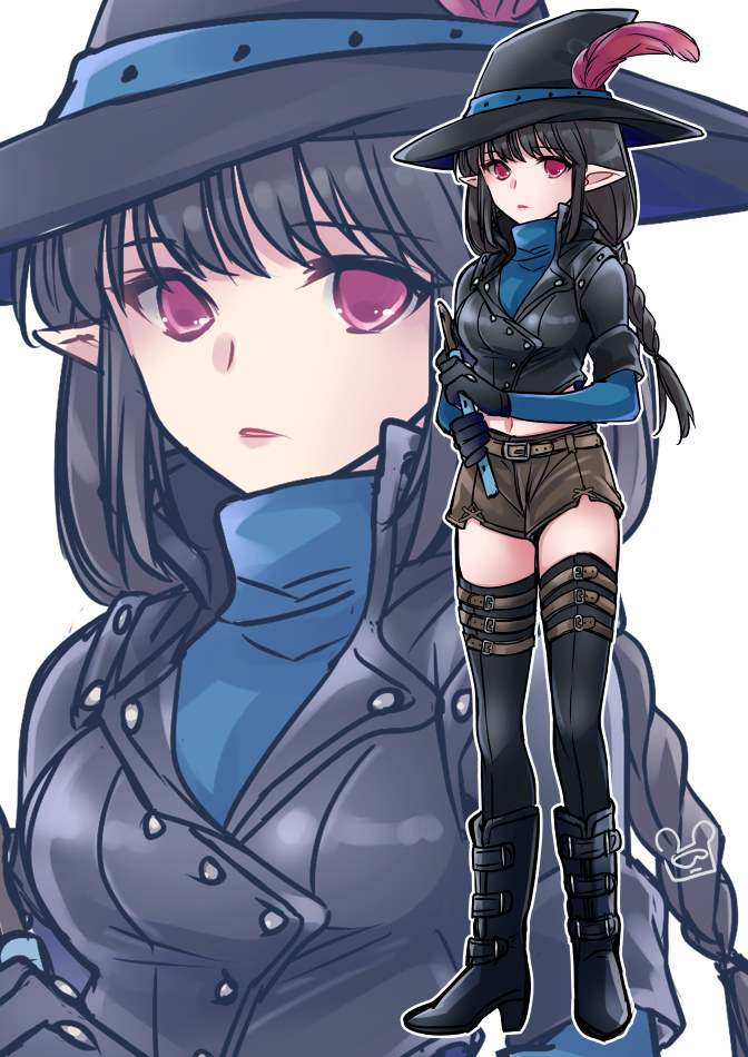 1girl, black_hair, black_hat, boots, elf, flute, hat, instrument, long_sleeves, mabinogi, pointy_ears, red_eyes, shorts, tepaoh888, yvona_(mabinogi)