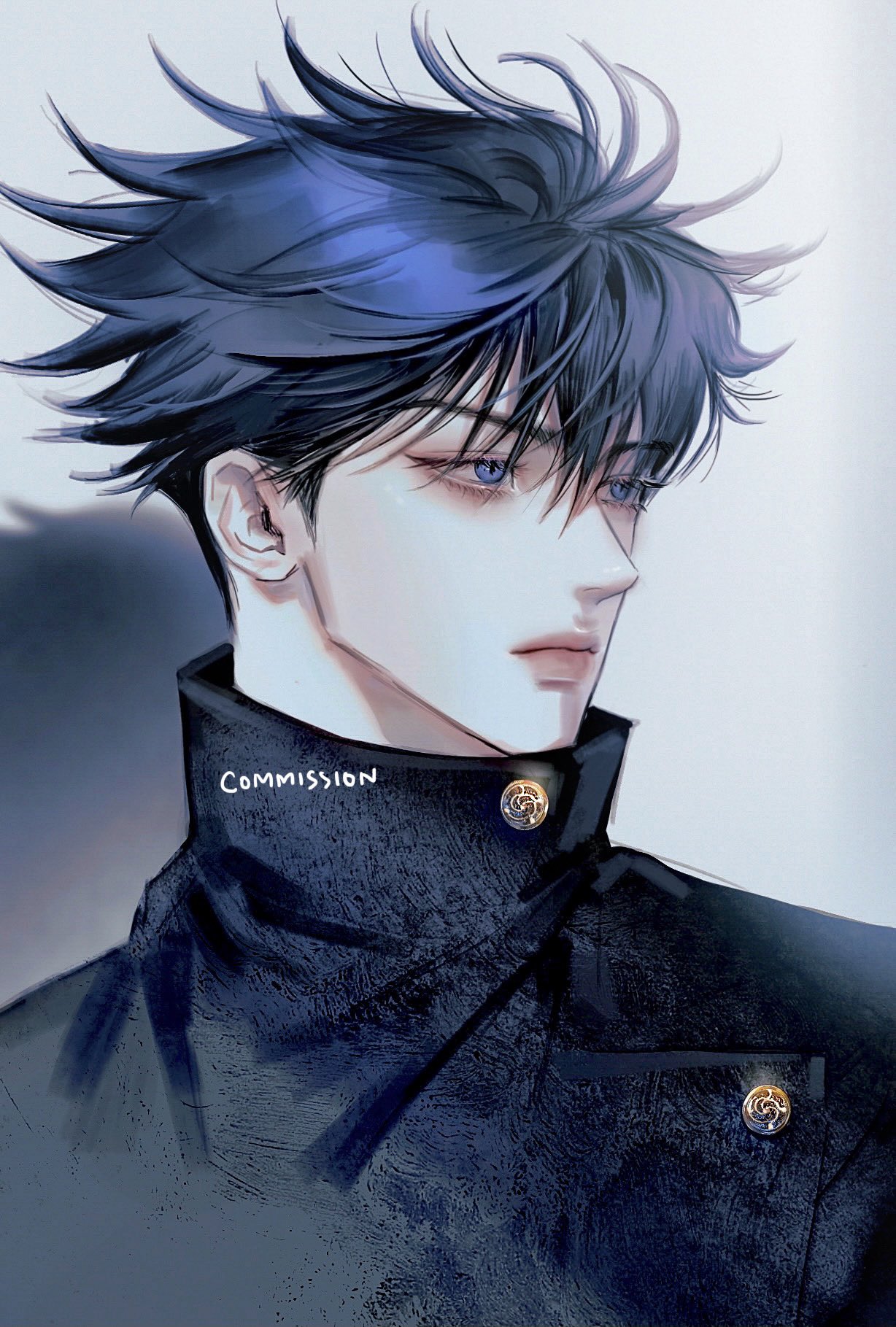 1boy, black_hair, black_jacket, blue_eyes, closed_mouth, commission, fushiguro_megumi, grey_background