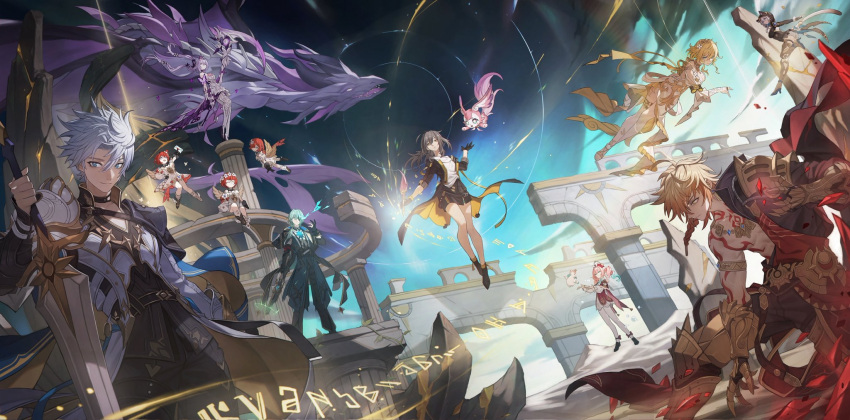3boys, 6+girls, abs, aglaea_(honkai:_star_rail), anaxa_(honkai:_star_rail), animal_ears, antenna_hair, aqua_hair