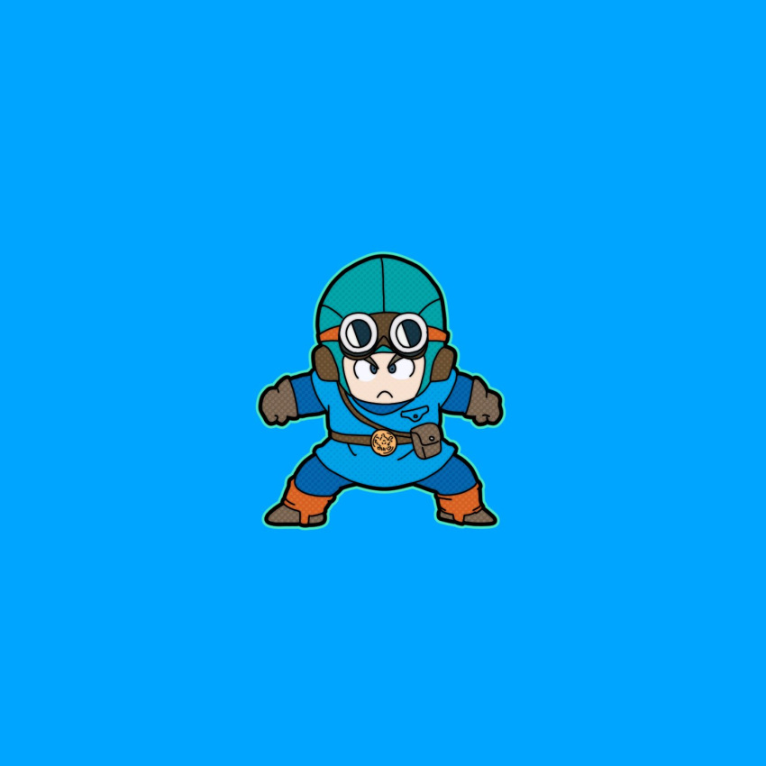 1boy, aqua_hat, aviator_cap, belt, belt_buckle, blue_background, blue_bodysuit, blue_eyes