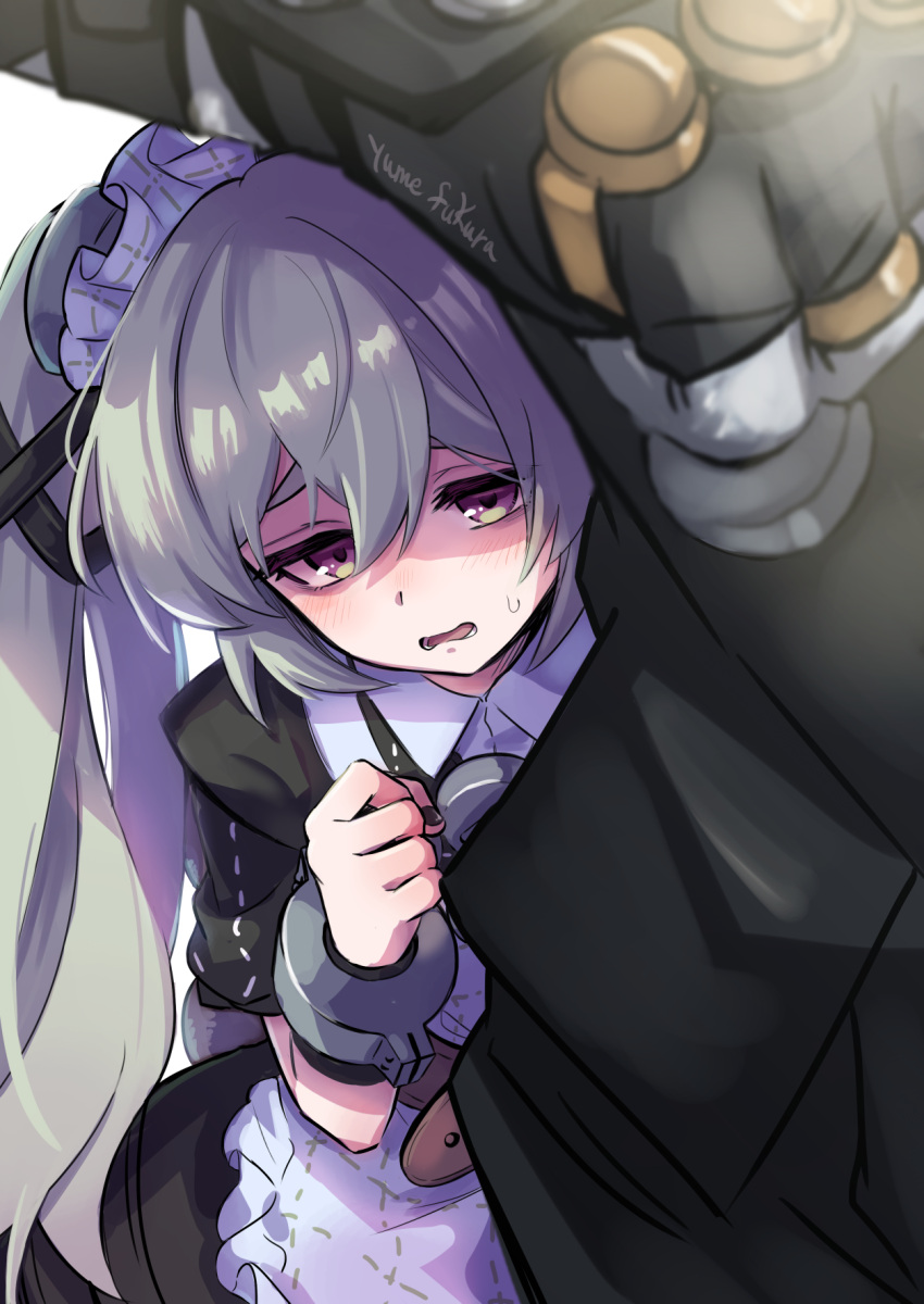 1boy, 1girl, apron, artist_name, black_dress, black_nails, commentary_request, corin_wickes