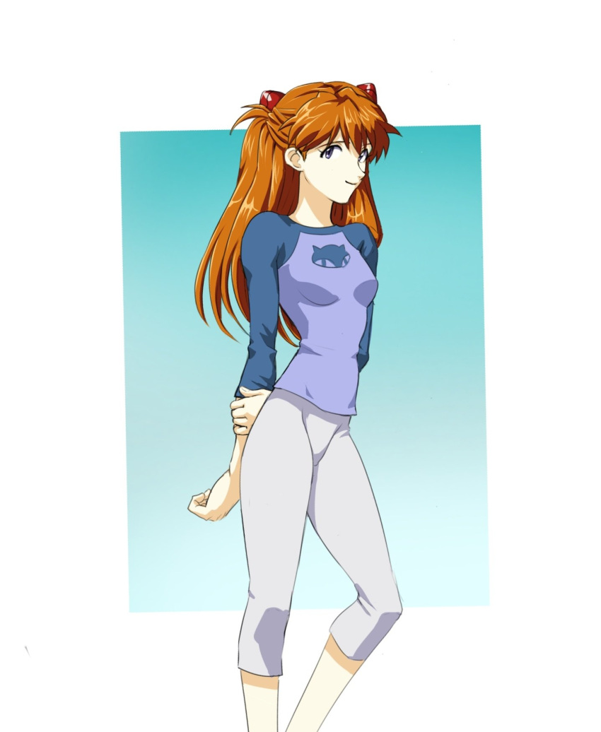 amondetauro, ben_10, blue_shirt, breasts, cosplay, grey_pants, gwen_tennyson, gwen_tennyson_(cosplay), half_updo, highres, holding_own_arm, interface_headset_(evangelion), long_sleeves, looking_at_viewer, neon_genesis_evangelion, orange_hair, pants, raglan_sleeves, shirt, small_breasts, smile