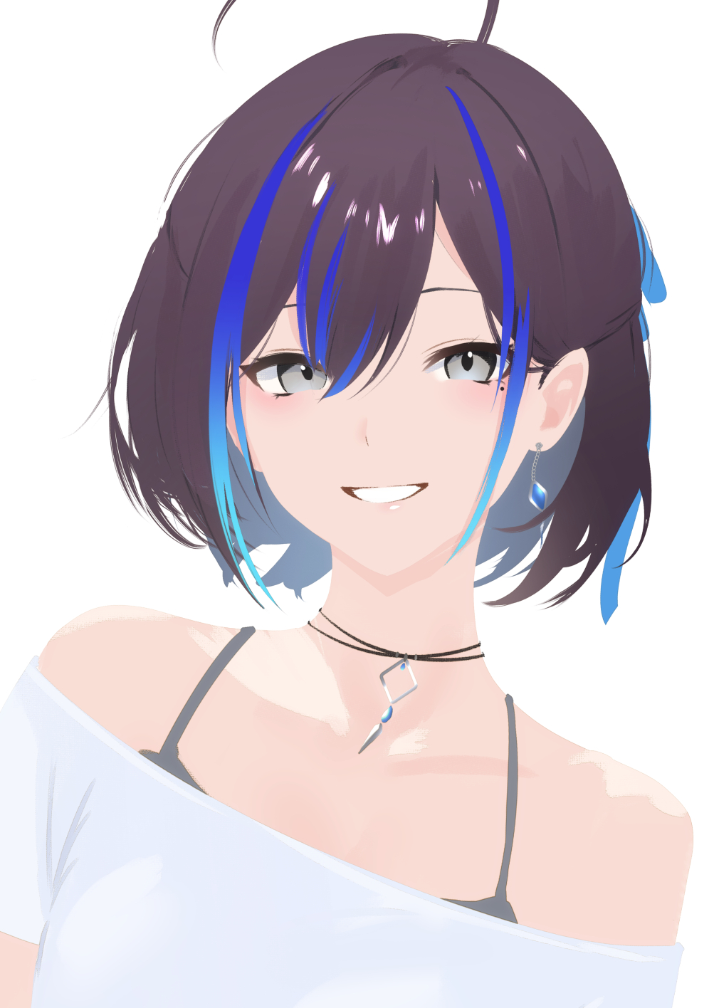 1girl, ahoge, black_hair, blue_hair, bra, bra_strap, cohi27151463, commentary