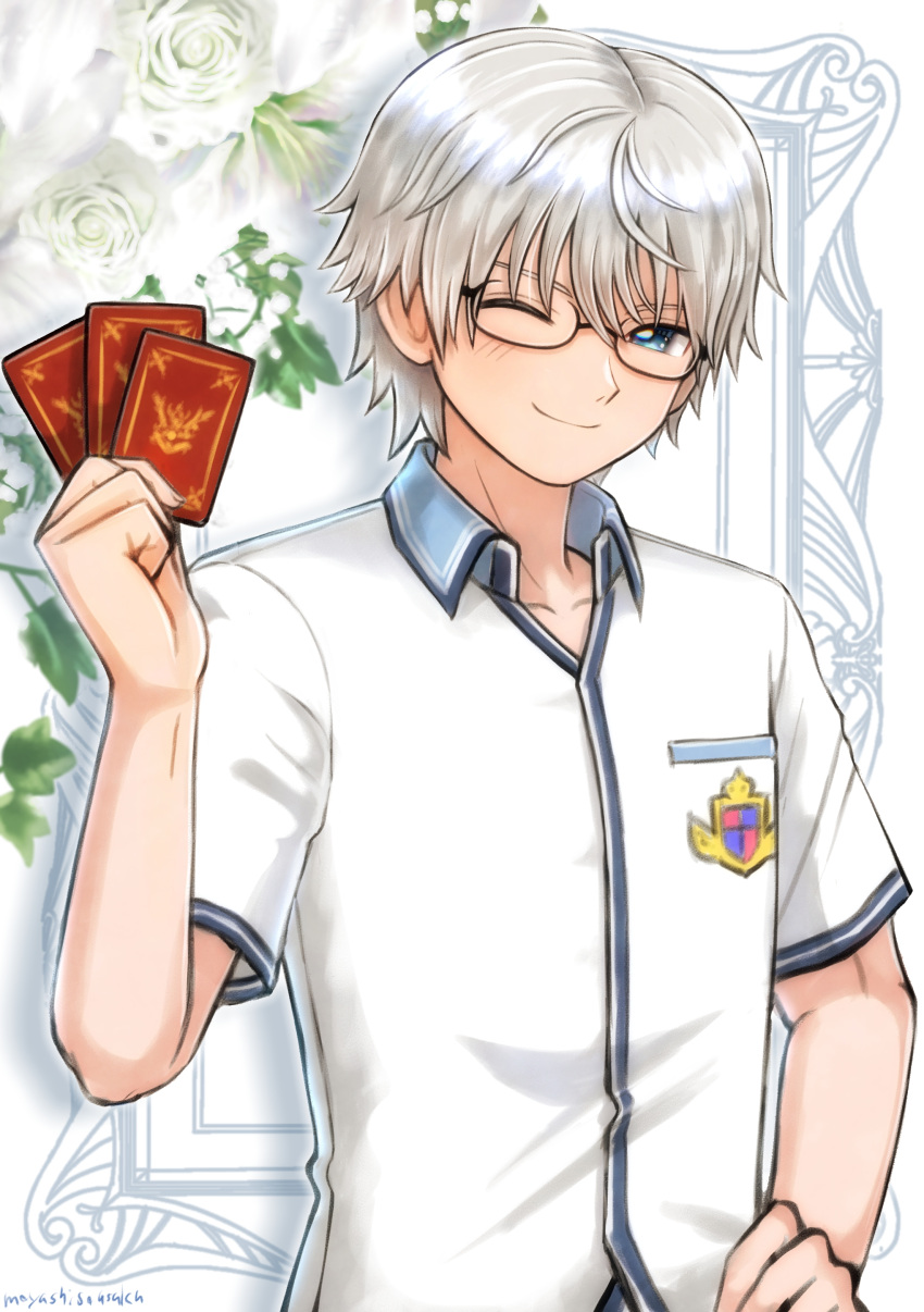 1boy, absurdres, asfeld_academy_school_uniform, bespectacled, black-framed_eyewear, blue_eyes, card, commentary_request