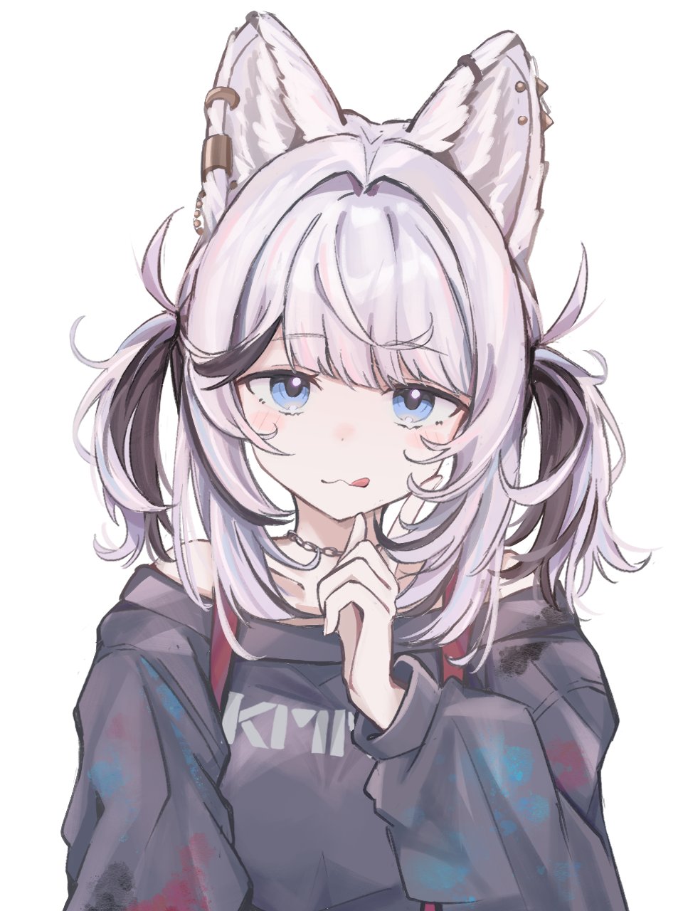 1girl, :3, animal_ears, bare_shoulders, black_shirt, blue_eyes, chain, chain_necklace, closed_mouth, dog_ears, ear_piercing, earclip, highres, jacket, jewelry, kmnz, licking_lips, long_sleeves, medium_hair, multicolored_hair, necklace, no_name_ver1, piercing, pointing, pointing_at_self, pointing_up, shirt, simple_background, solo, streaked_hair, sweater, tina_(kmnz), tongue, tongue_out, two_side_up, virtual_youtuber, white_background, white_hair