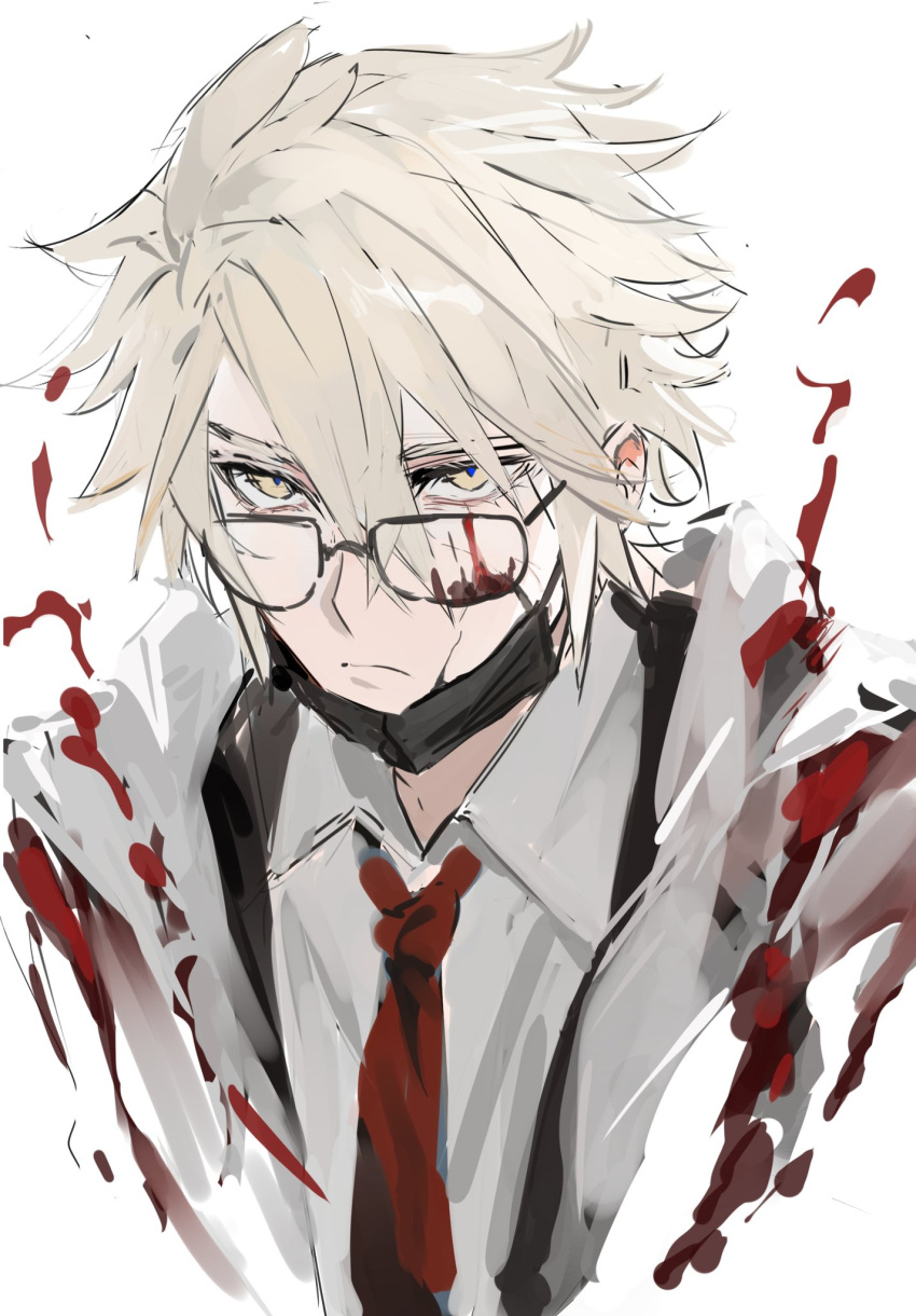 1boy, blonde_hair, blood, blood_on_clothes, blood_on_face, closed_mouth, collared_shirt, glasses