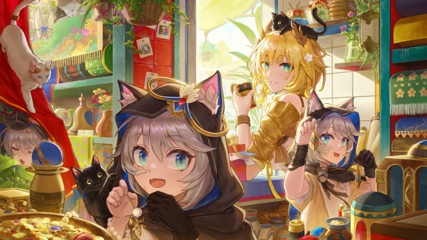 4girls, absurdres, aglaea_(honkai:_star_rail), animal_ears, animal_hood, animal_on_head, bandaid, bandaid_on_face