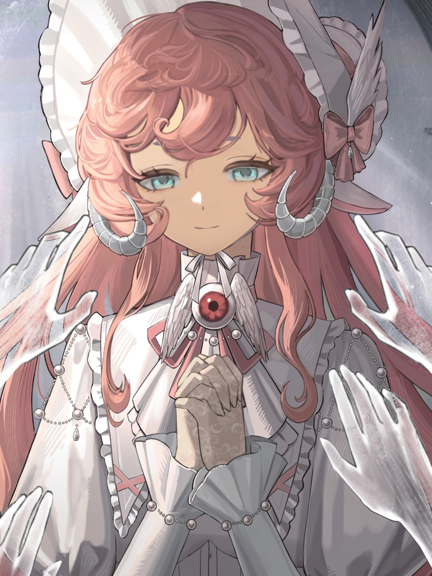 1girl, absurdres, alternate_costume, aqua_eyes, bonnet, bow, closed_mouth, cropped