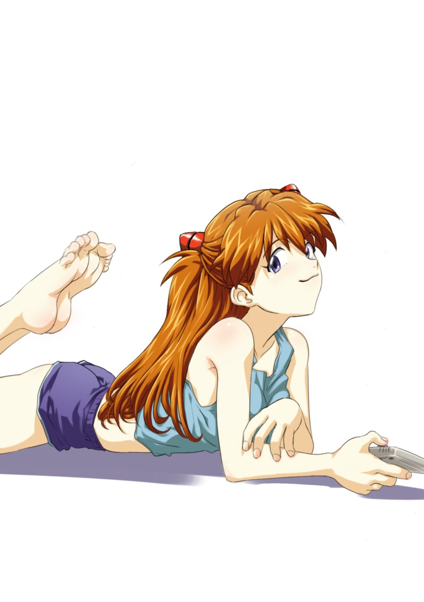 1girl, amondetauro, blue_eyes, blue_shirt, blue_shorts, dolphin_shorts, feet_up, highres