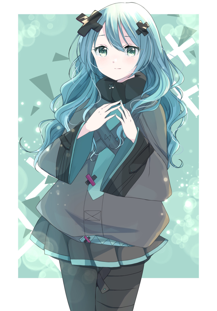 1girl, alternate_hairstyle, aqua_hair, aqua_nails, aqua_trim, bandaid, bandaid_on_leg, batsu_miku