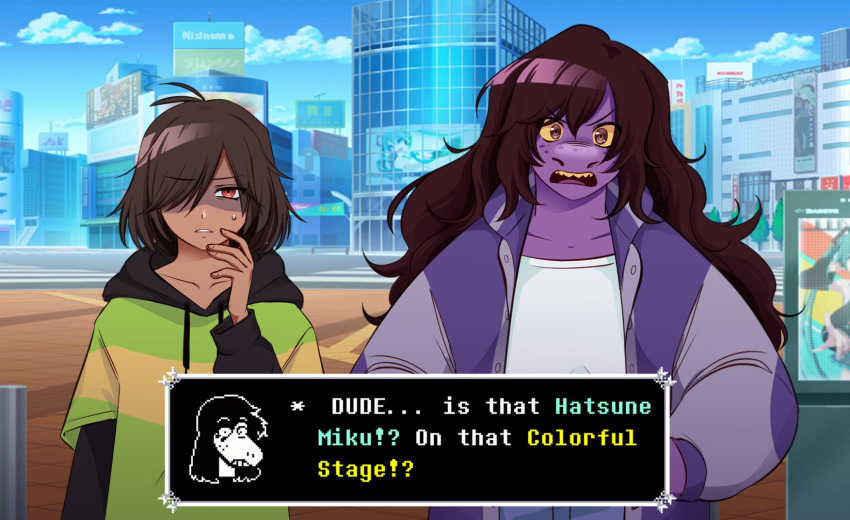 1girl, 1other, alternate_skin_color, colored_skin, colored_teeth, crossover, dark_skin, deltarune