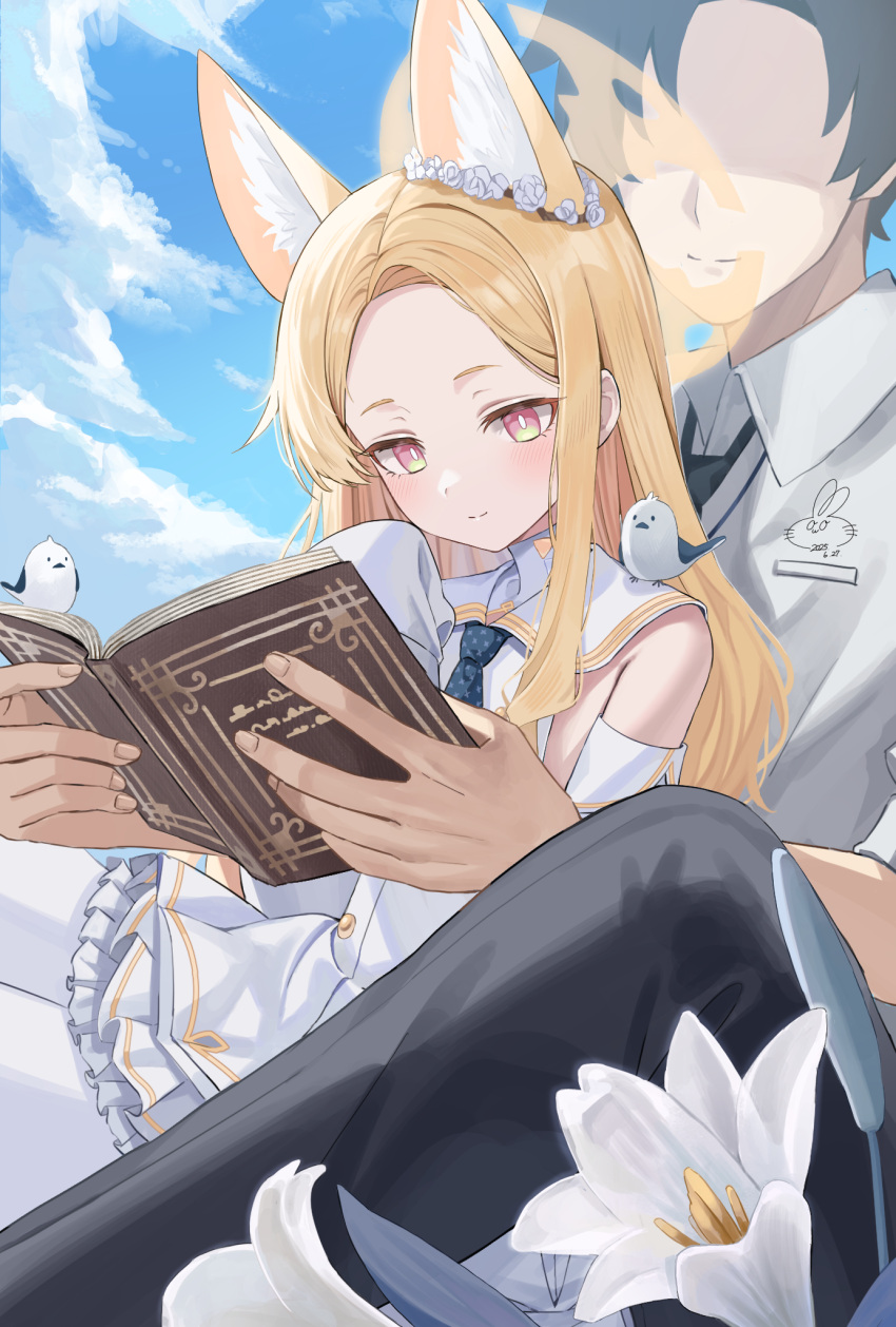 1boy, 1girl, animal_ear_fluff, animal_ears, animal_on_shoulder, awa_(awao141), bare_shoulders, bird, bird_on_shoulder, black_hair, black_necktie, black_pants, blonde_hair, blue_archive, blue_necktie, blush, book, closed_mouth, detached_sleeves, dress, flower, fox_ears, fox_girl, hair_flower, hair_ornament, highres, holding, holding_book, necktie, no_eyes, pants, pantyhose, pink_eyes, reading, seia_(blue_archive), sensei_(blue_archive), sensei_(blue_archive_the_animation), shaded_face, shirt, short_hair, sitting, sitting_on_lap, sitting_on_person, sleeves_past_fingers, sleeves_past_wrists, smile, white_dress, white_flower, white_pantyhose, white_shirt