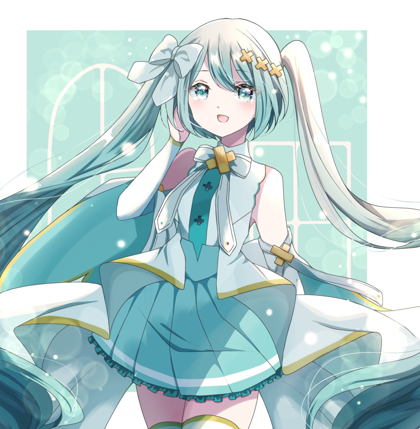 1girl, aqua_bow, aqua_hair, aqua_necktie, aqua_skirt, blush, bow, dress