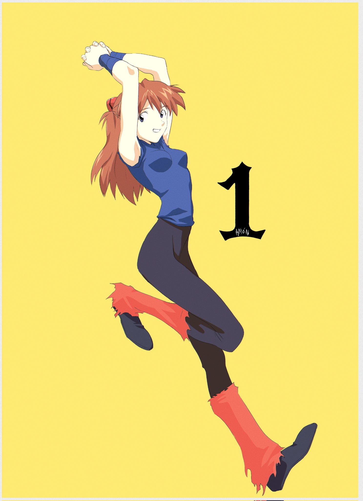 1girl, amondetauro, arms_up, black_pants, blue_shirt, breasts, cosplay, cygnus_hyouga, cygnus_hyouga_(cosplay), grin, highres, long_hair, neon_genesis_evangelion, orange_hair, pants, saint_seiya, shirt, simple_background, sleeveless, sleeveless_shirt, small_breasts, smile, solo, souryuu_asuka_langley, yellow_background