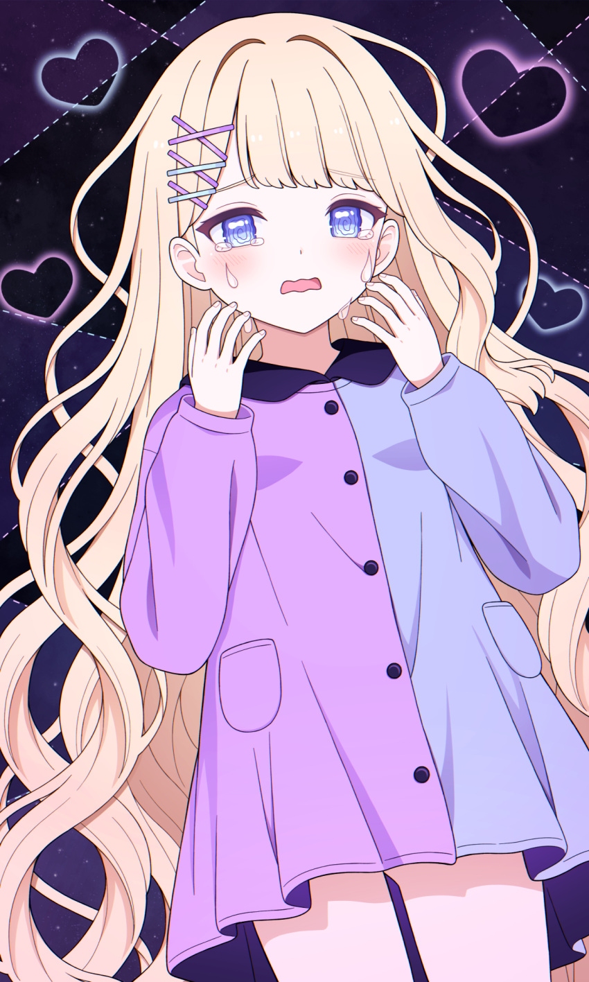 1girl, @_@, blonde_hair, blue_eyes, blue_shirt, blush, cowboy_shot, crying, crying_with_eyes_open, hair_intakes, hair_ornament, highres, long_hair, long_sleeves, looking_at_viewer, monkey_ears, monkey_girl, open_mouth, original, purple_shirt, san_nana, shirt, solo, teardrop, tears, two-tone_shirt, very_long_hair, wavy_mouth, x_hair_ornament